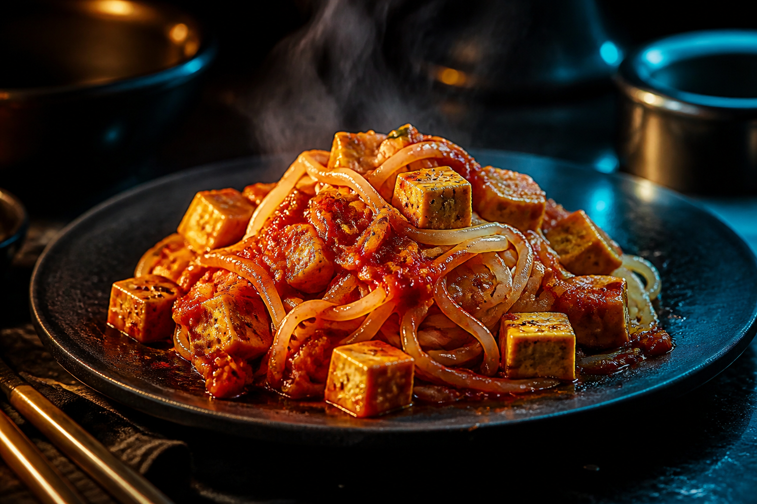 Plato imposible: noodles de arroz con salsa de pizza y tofu, cada ingrediente bueno por separado