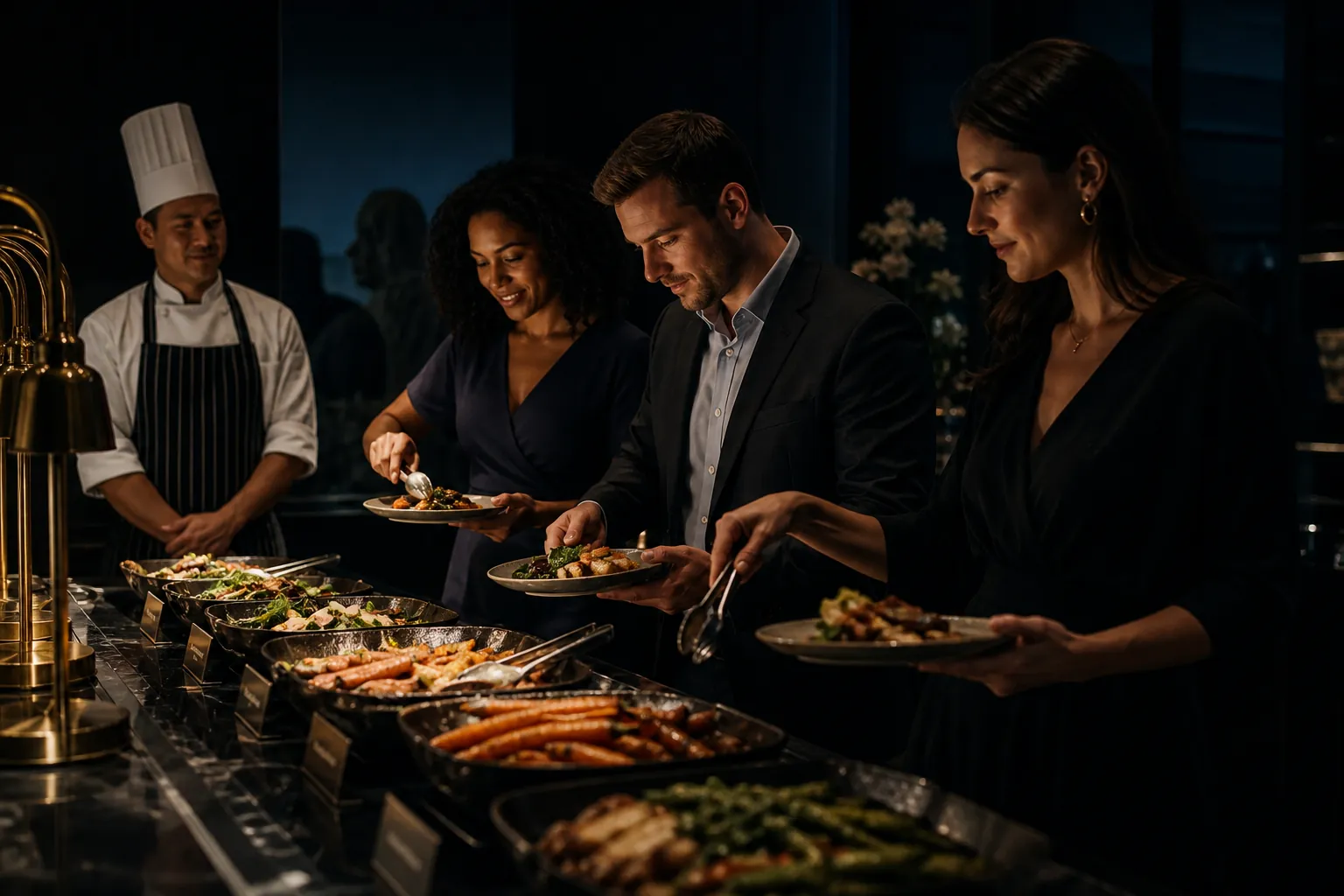 Buffet con bandejas de ingredientes preparados donde negocio compone su propio plato de datos