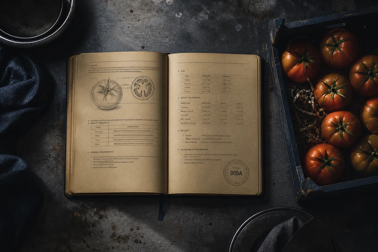 Cuaderno V1 con reglas manuscritas del tomate San Marzano DOP y sello de vigencia