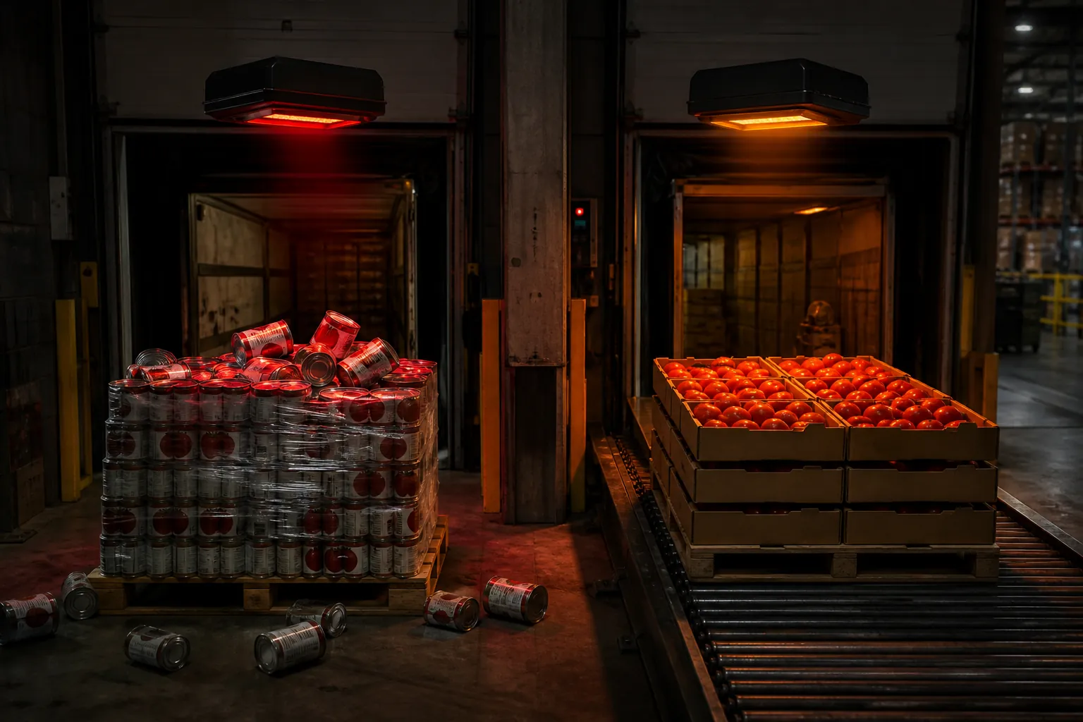 Muelle dividido: latas de conserva rechazadas en rojo frente a tomates frescos marcados para revisión humana